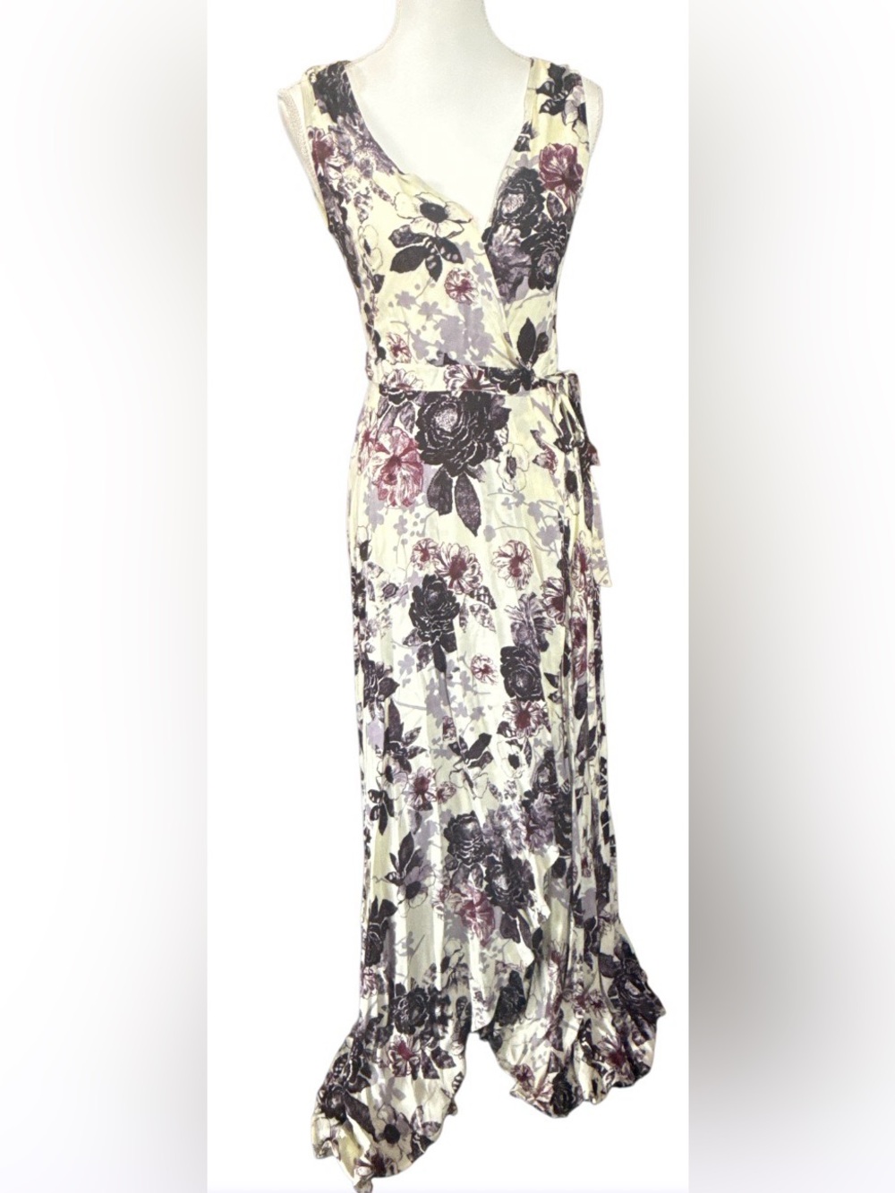 Cream Floral Wrap Maxi Dress with Black & Purple Blooms 100%Rayon